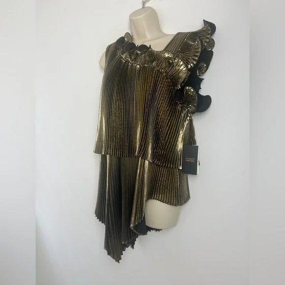 NEW Halogen X Atlantic-Pacific Large Pleated Asymmetrical Gold Black Lame Blouse - Picture 5 of 16